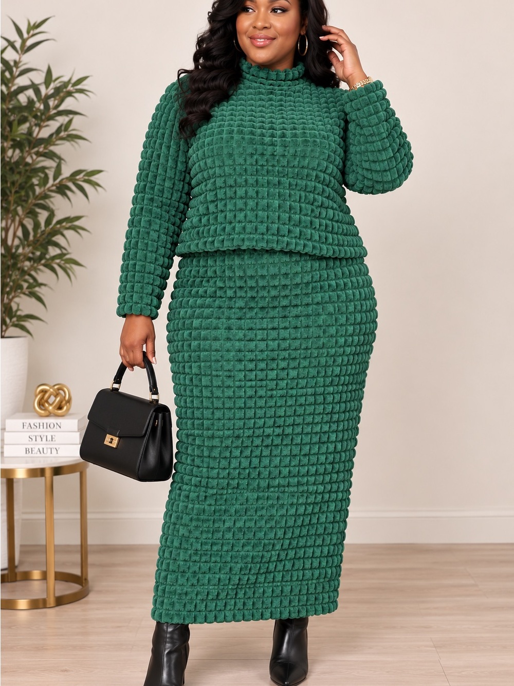 Rebdolls Green Textured Knit Maxi Skirt Set